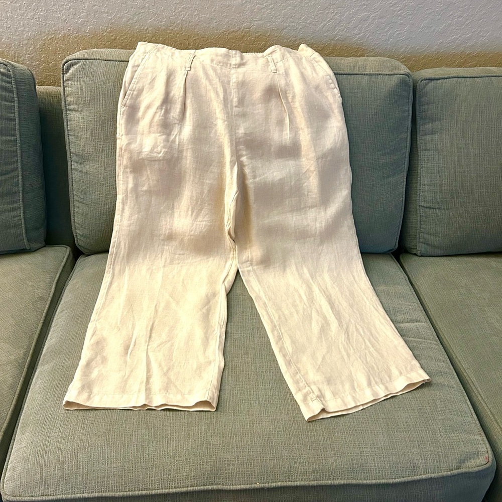 Nicole Miller Cream Wide-Leg Linen Pants